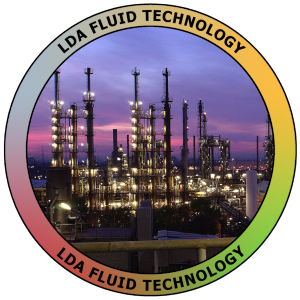 LDA symbol for fluid technology with a picture of a factory